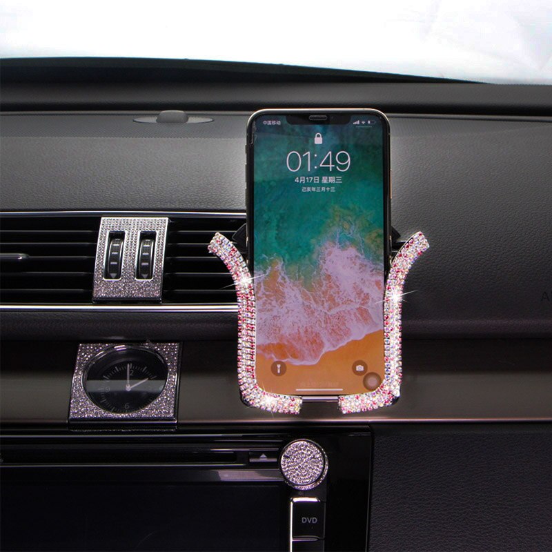 Soporte Universal para teléfono móvil de coche, con cristal de Bing, diamantes de imitación, Clip de montaje para rejilla de ventilación de coche, para iPhone, Samsung, soporte para coche