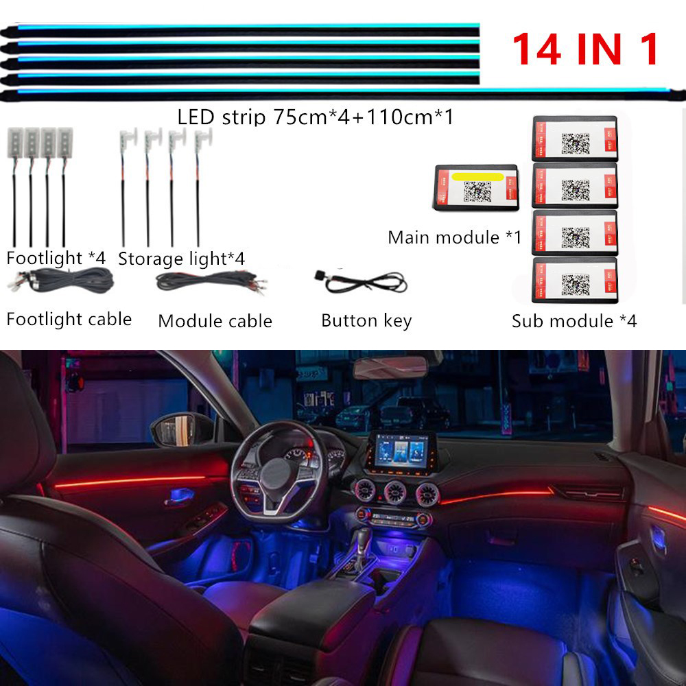 Luz ambiental LED sinfónica para coche 64 RGB guía de luz acrílica Interior atmósfera de decoración de coche de fibra óptica 18/14/10/6 en 1 Universal: 8000 K blanco azul