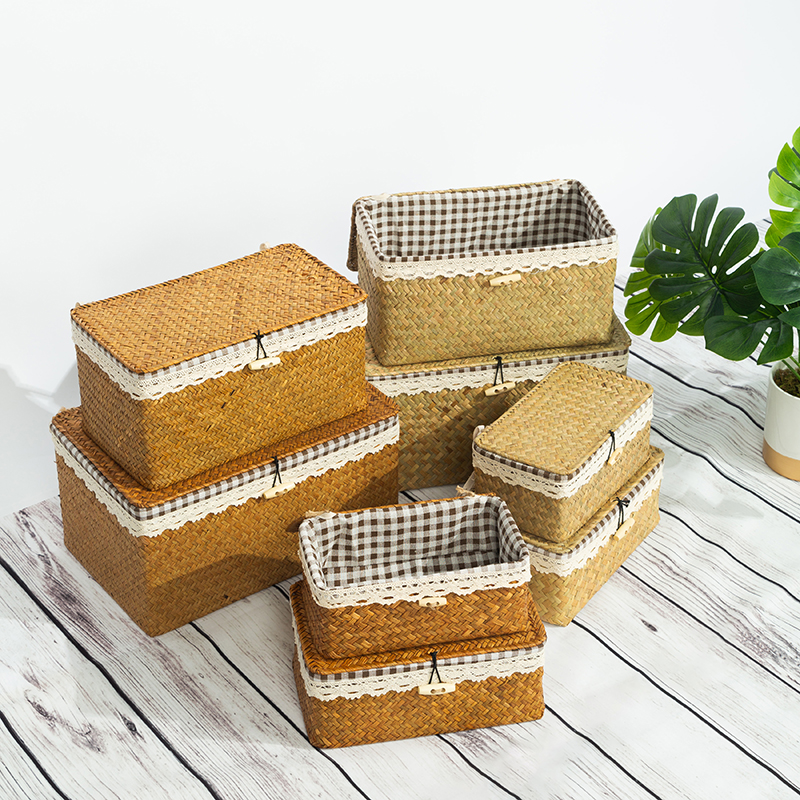 Woven Seagrass Storage Basket with Lid Rattan Wicker Box Rectangular Basket for Desktop Sundaries Sorting Jewelry Organizer
