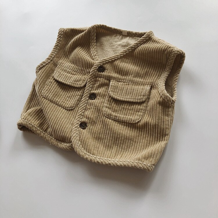 Crianças colete para menina japonês listrado veludo bolso sem mangas meninos e meninas veludo coletes de bebê: Beige apricot / Size 130
