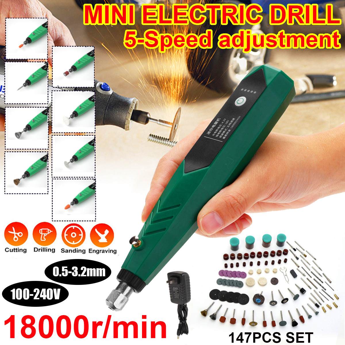 18000 tpm roterende gereedschap houtbewerking graveerpen 147 stuks set 5 snelheden diy voor sieraden metaal glas mini elektrische boor met boortje: Set van 147 stuks