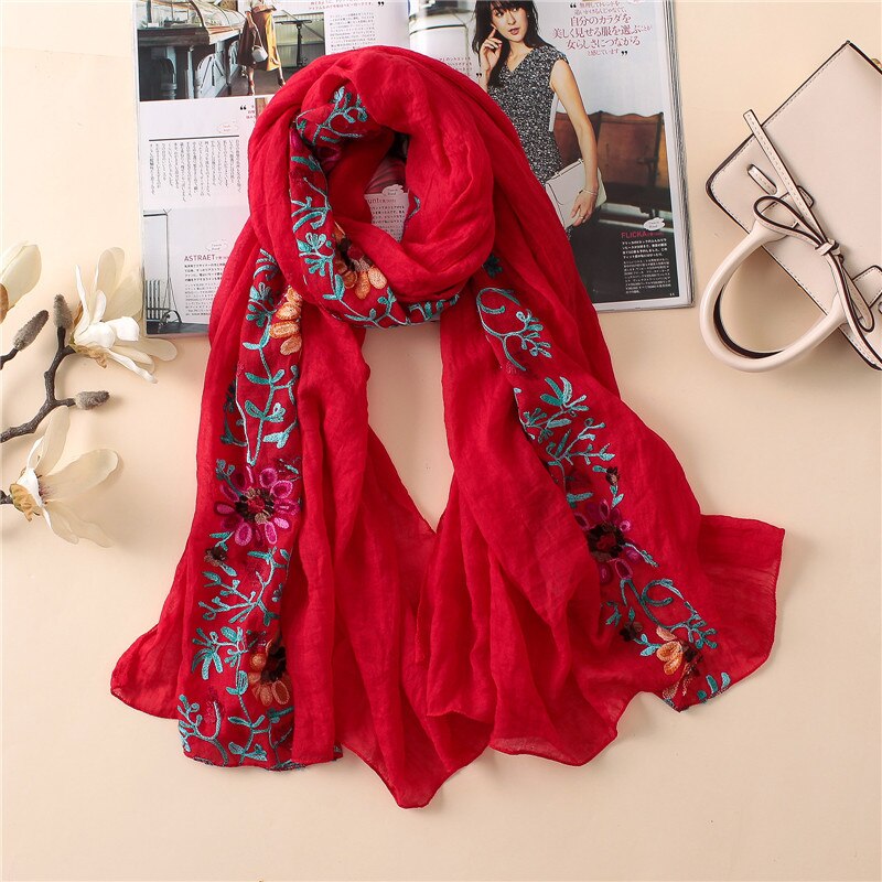 Chal de viscosa Floral bordado liso, bufanda de pañuelo indio, bufandas y chales de algodón con estampado, Foulard suave, gorro Hijab musulmán, 2022