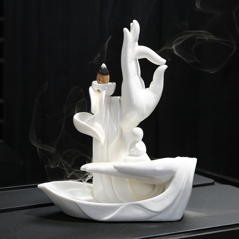 Buda de cerámica blanco quemador de incienso de mano cascada de humo soporte de incienso flor de loto palo incensario decoración budista