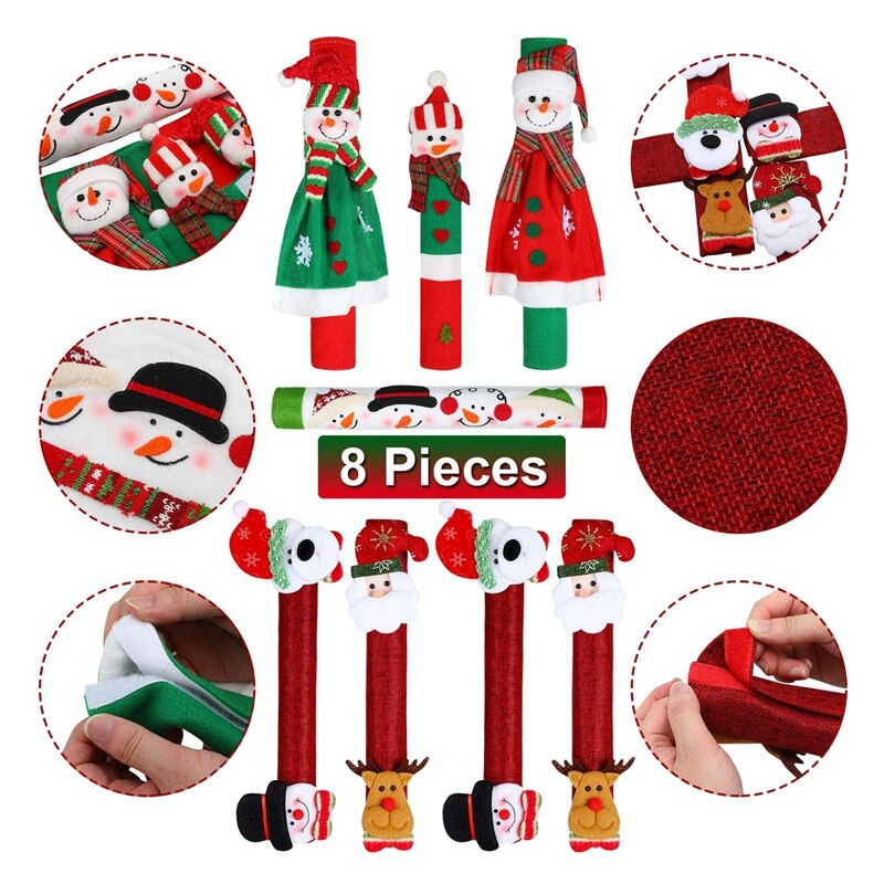 8 Stuks Kerst Koelkast Deurklink Cover,Santa Snowman Keuken Handvat Covers, Voor Magnetron Vaatwasser