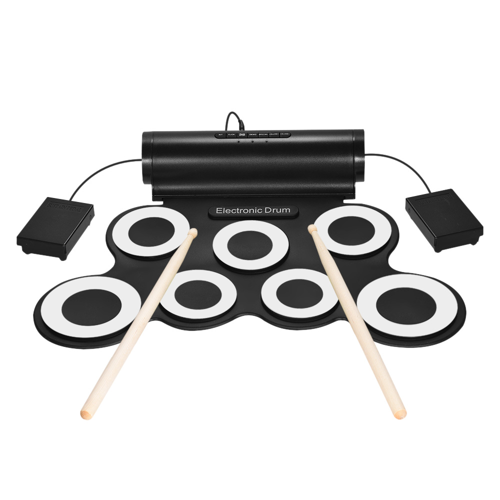 Digital Stereo Roll up Drum Electronic Drum Set 7 Silicon Pads USB Powered Built-in Speaker with Drumsticks Foot Pedals: White
