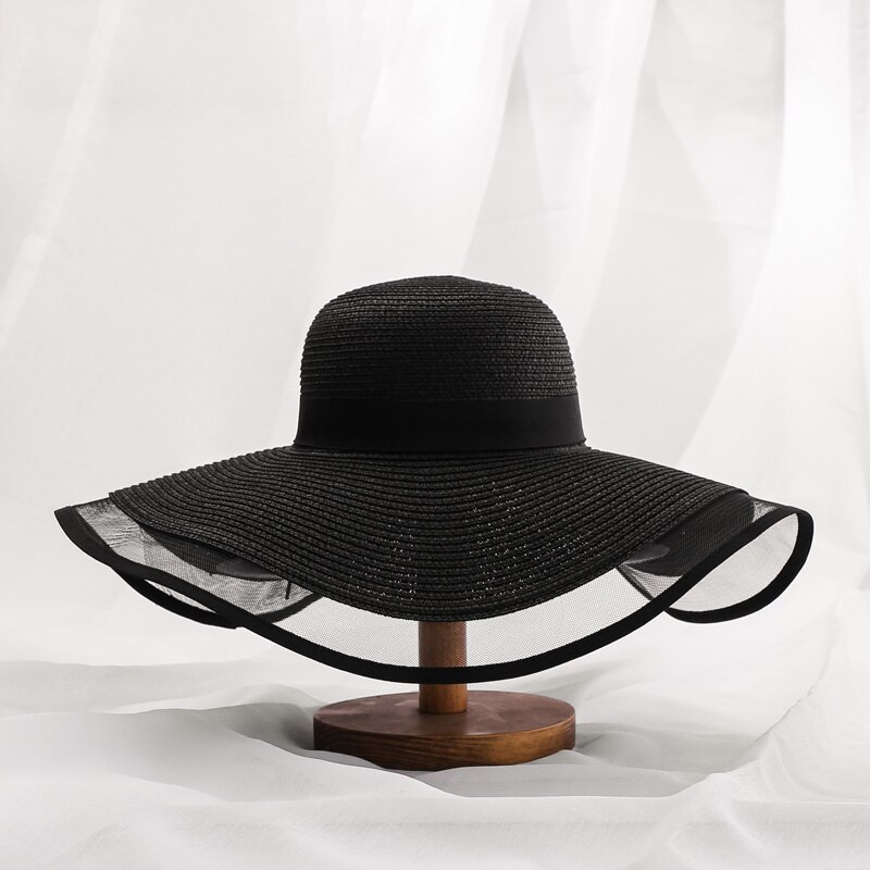Summer White Big Hat Sun Hat Oversized Brim Sunscreen Floppy Beach Hat Women's Straw Hat Seaside Lace Big Brim Cap: black