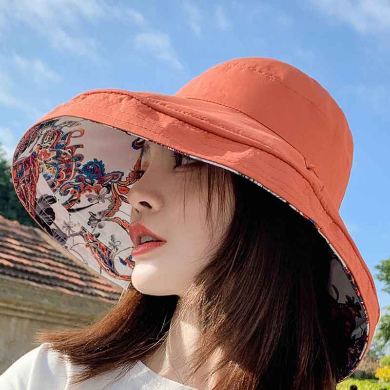 Women Boho Ethnic Floral Reversible Sun Hat Large Wide Brim UV Protection Foldable Floppy Beach Cap with Chin Strap