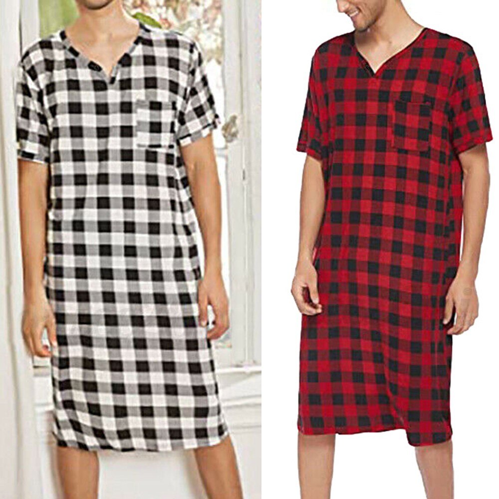 Men Robes Loose Plaid Pajamas Short Sleeve V-neck Casual Soft Bathrobe Nightwear Summer Clothes Breathable Male