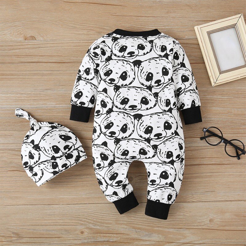 Casual Baby Jumpsuit Herfst Baby Jongen Katoen Lange Mouw Romper Leuke Panda Afdrukken Jumpsuit Pasgeboren Hoed Kleding Set