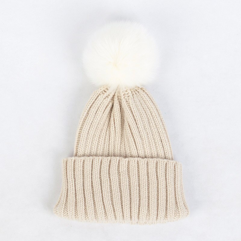 Geebro Lue for Barn - Koselig Strikket Lue med Pompon - Vinter Høst - Unisex: Beige hvit