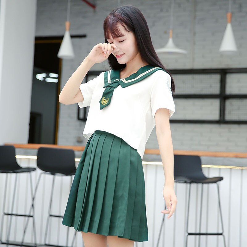 Uniforme de estudiante japonés Jk, traje de Sailor verde, Falda plisada de Cosplay universitario, traje de manga corta con lazo, S-XXL