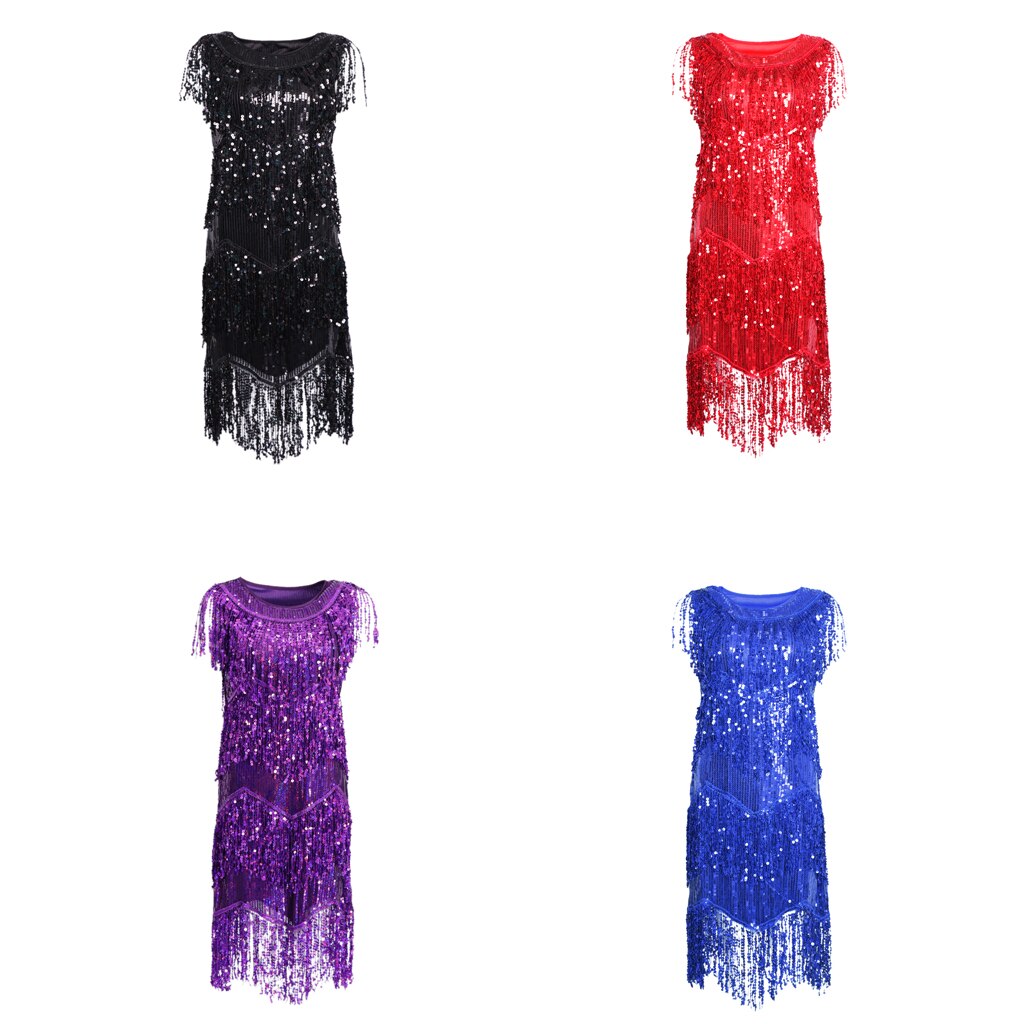 Women Latin Tango Ballroom Dance Dress Sequins Tassels Skirt