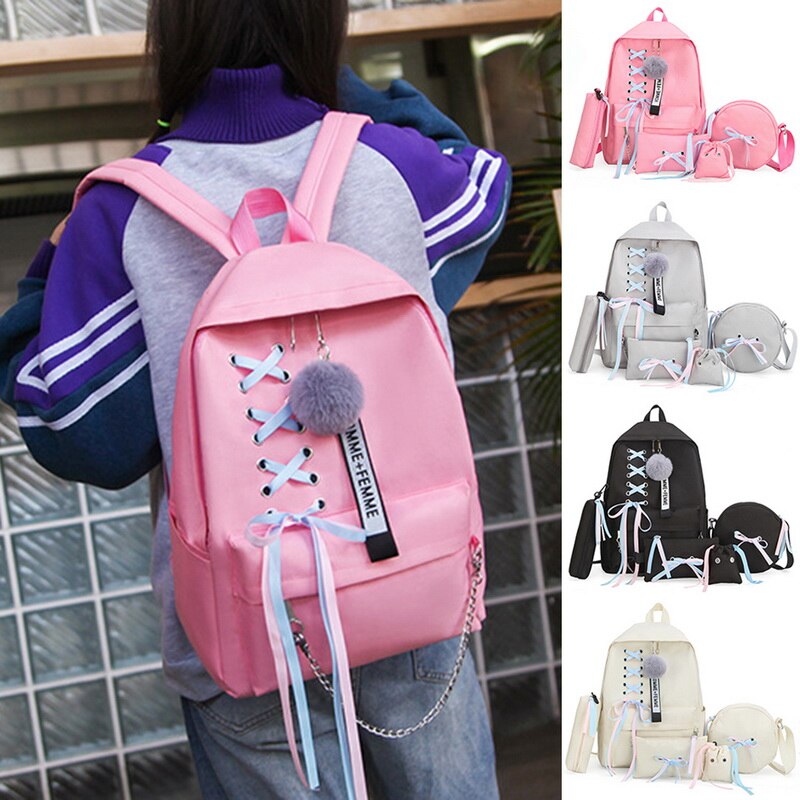 Spitze Bogen Bündel Rucksäcke Frauen Leinwand 5 teile/satz Rucksack Teenager Mädchen Bagpack Schulter Tasche Weiblichen Studenten Schule Taschen