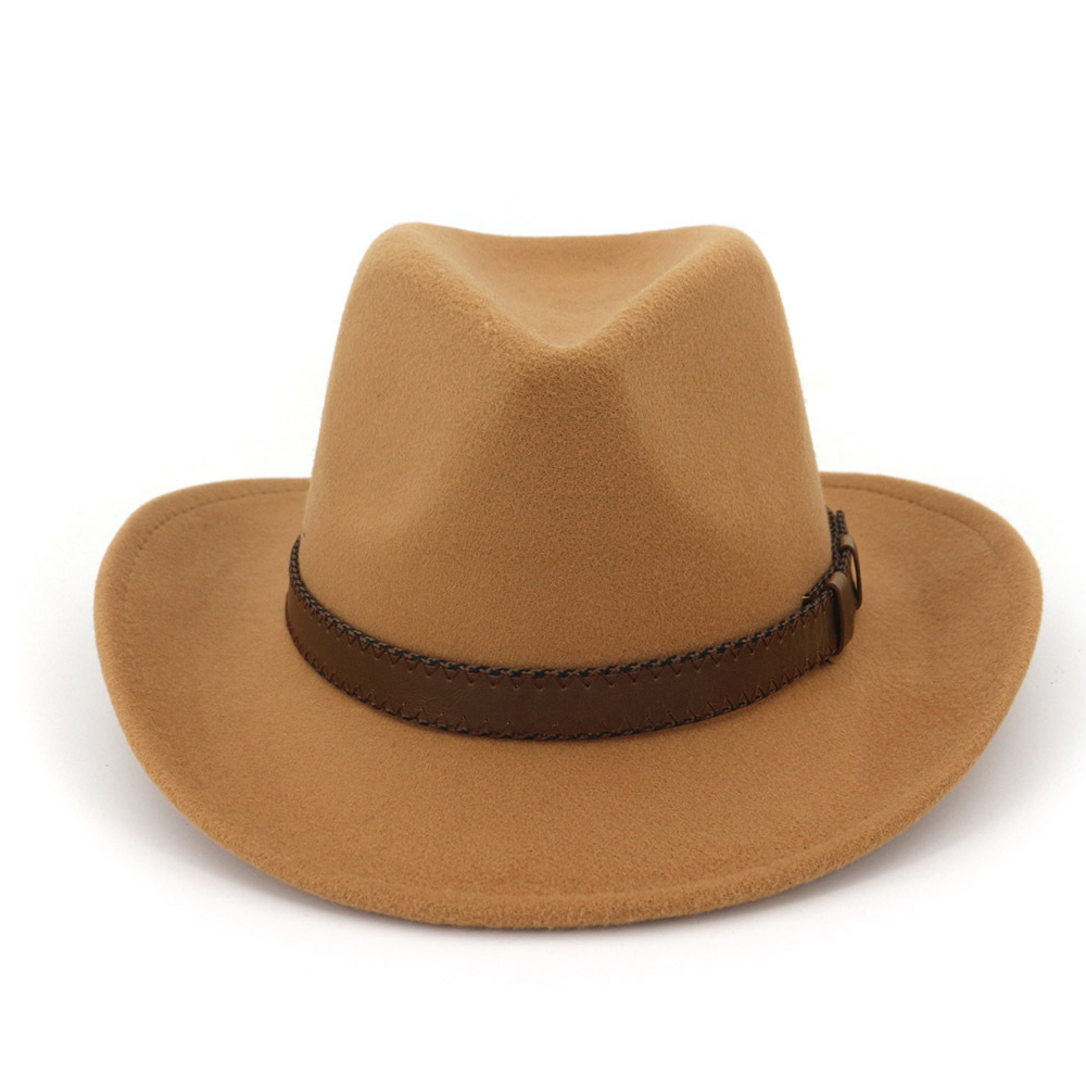 Unisex Men Women Wool Western Cowboy Hat With Punk Belt Outdoor Travel Sombrero Hombre Hat Size 56-58CM: Light Coffee