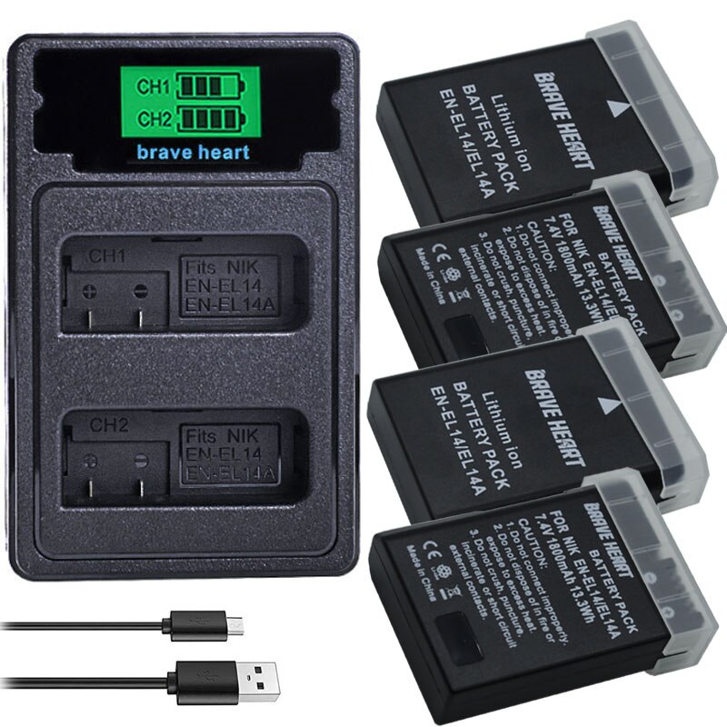 4X1800Mah EN-EL14 En EL14 EN-EL14a Batterij + Lcd Dual Charger Voor Nikon P7800,P7100, d3400, D5500,D5300,D5200,D3200,D3300,MH-24: charger and 4battery