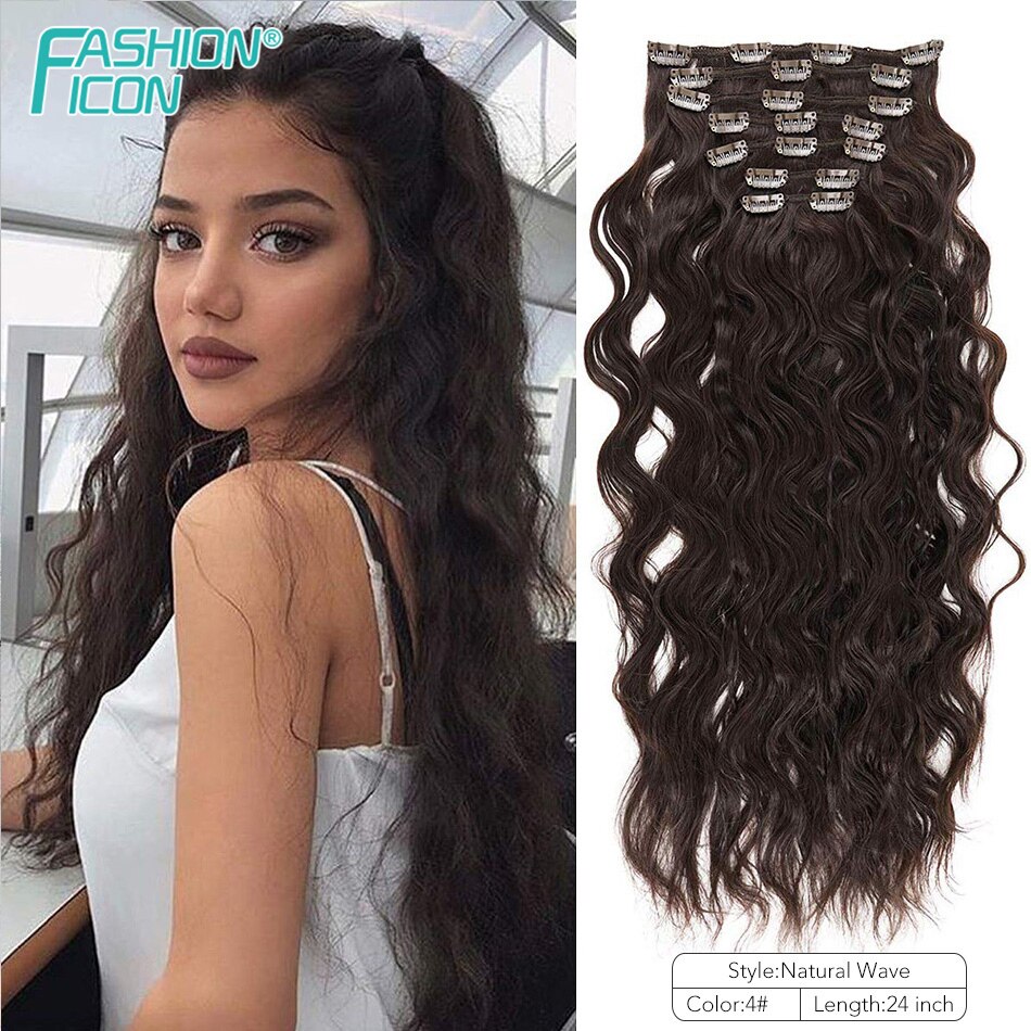 Synthetic Clip in Hair Extension Natural Body Wave With 20Clips 24Inch 140g Four Color High Temperature Fiber By Icon: Light Brown 4