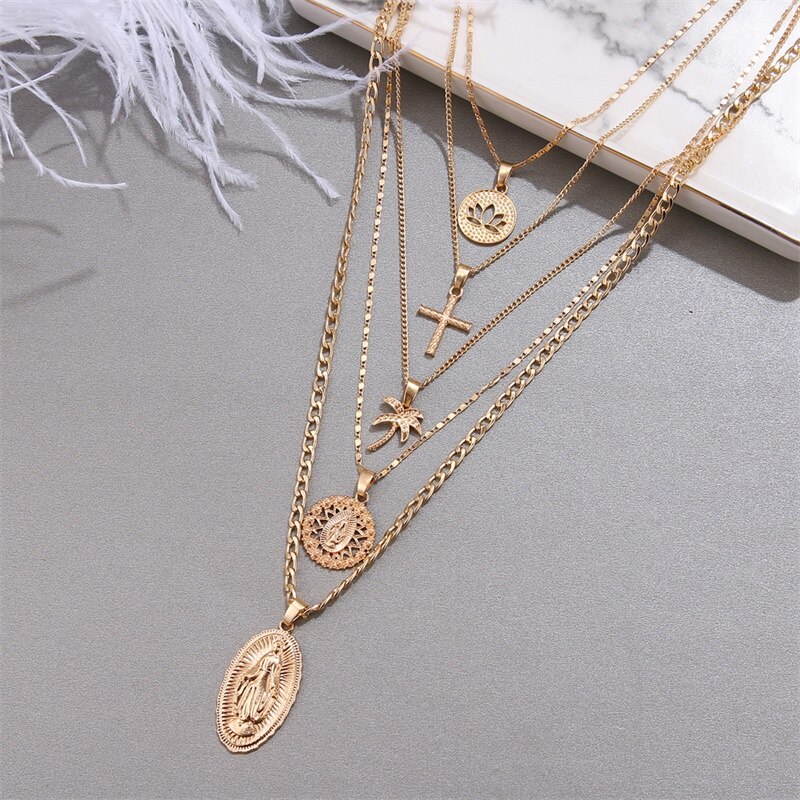 Bohemian Multi-layer Pendant Necklace for Women Vintage Coco Cross Lotus Virgin Mary Collar Choker Bead Chain Jewelry