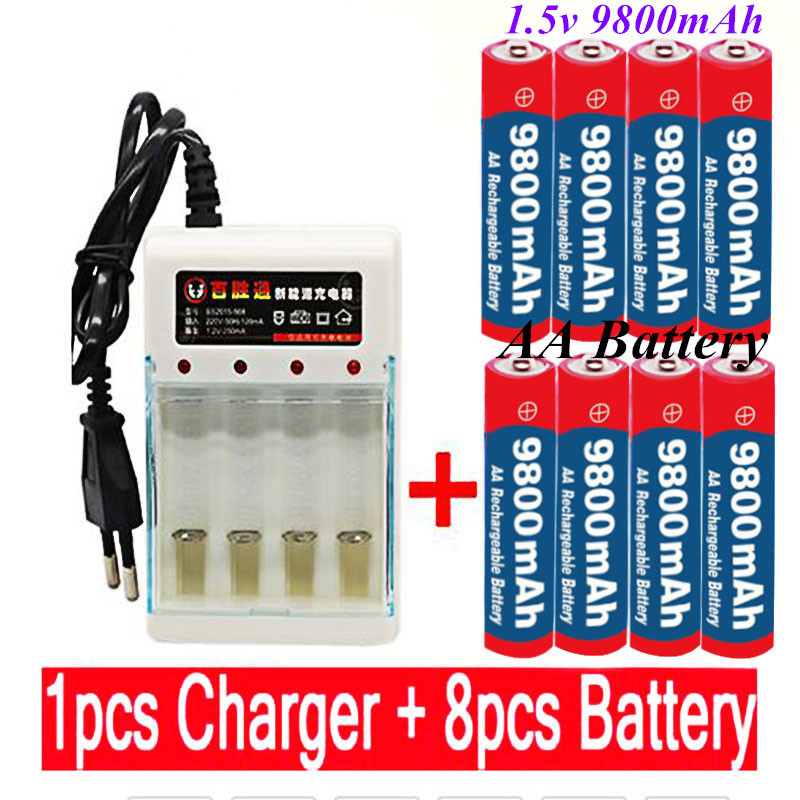 lot Brand AA rechargeable battery 9800mah 1.5V Alkaline Rechargeable batery for led light toy mp3 +charger: Black