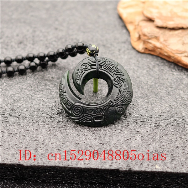 Chinesische Natürliche Schwarz Grün Jade Dekorative Rune Anhänger Perlen Halskette Charme Schmuck Obsidian doppelseitige Geschnitzte Amulett