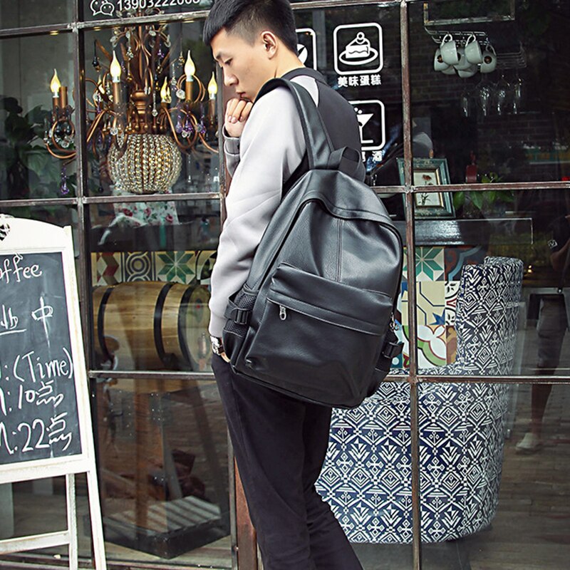 VICUNA POLO Leisure Leather Backpack For Men Unisex College Student Laptop Backpack Bags Solid Black Travel Backpacks