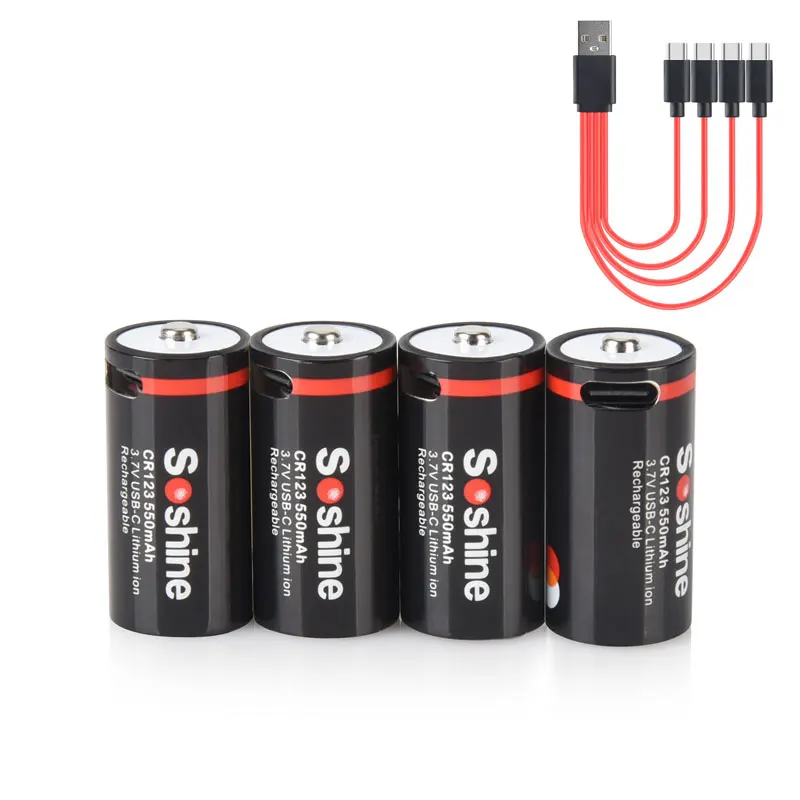 Soshine CR123 USB Lithium Batteries 550mah 3.7V 16340 16350 Rechargeable Battery RCR123 CR123A 550mah Battery with USB Cable: Gold