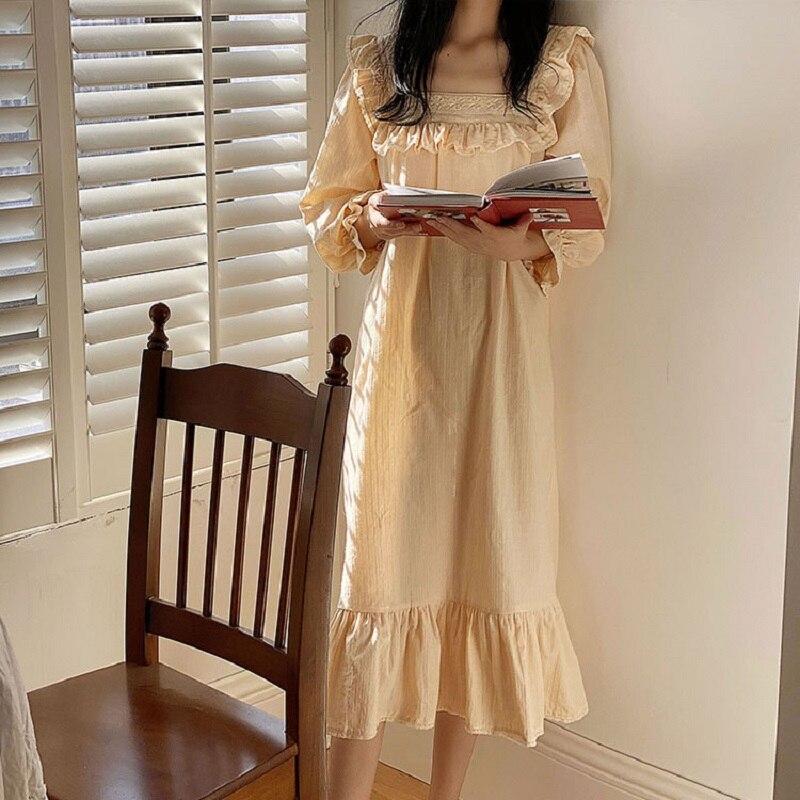 Camisones largos de algodón suave para mujer, ropa de dormir de manga larga con bordado de encaje de princesa, para primavera y otoño