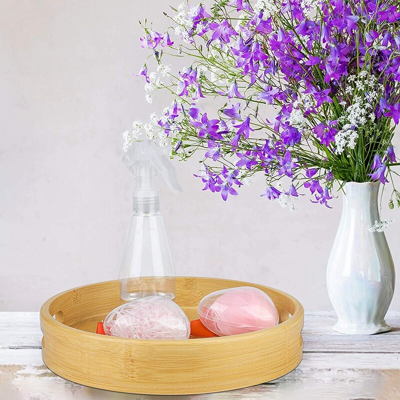 Natural Round Serving Tray Set Wooden Bamboo Circle Tray With Handles For Coffee Table, Food, Restaurant Home Party