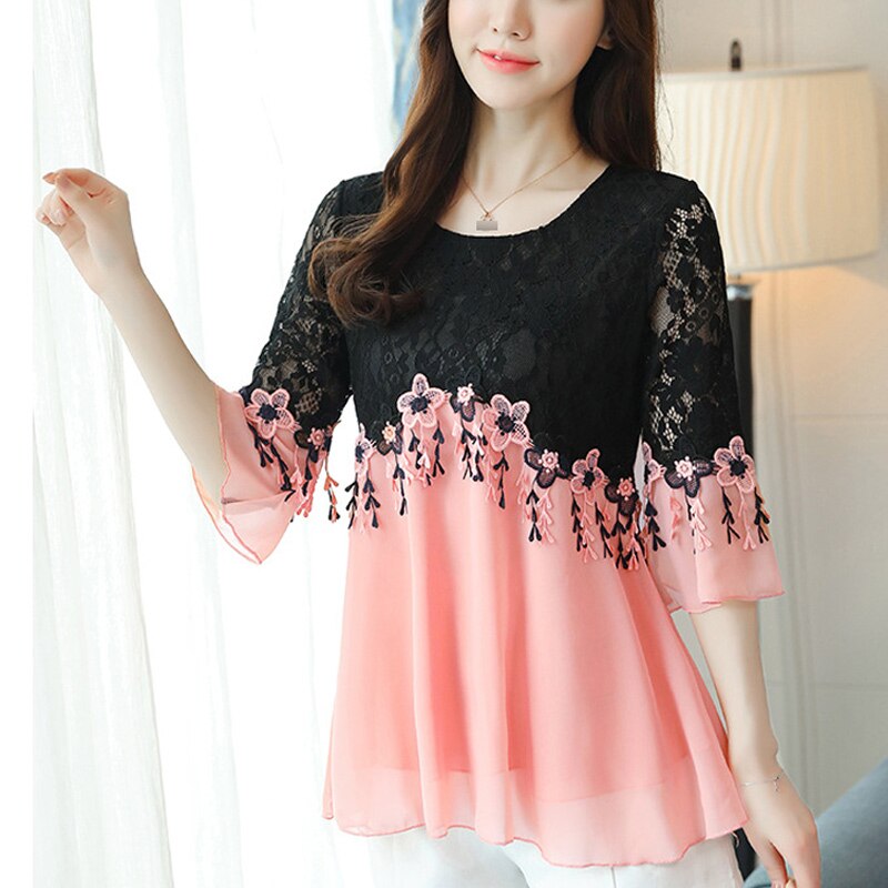 Plus size 3xl 4xl 5xl chiffon dames blouse shirt dames blouses uitgehold kant shirt vrouwen vrouwelijk