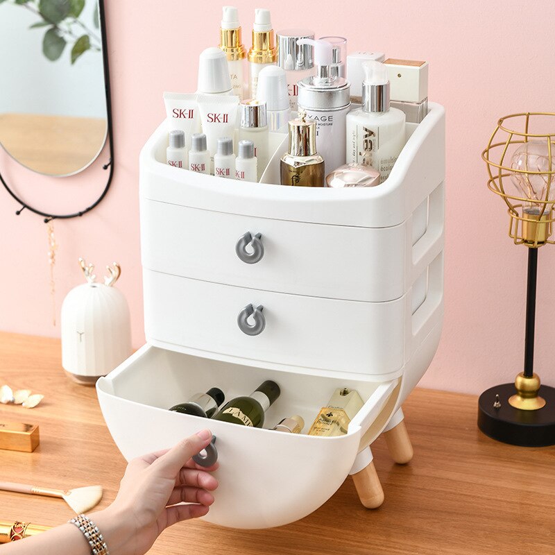 Armario de maquillaje de escritorio con pie de madera, organizador tipo cajón para baño, cosméticos, tocador de gran capacidad, caja de almacenamiento