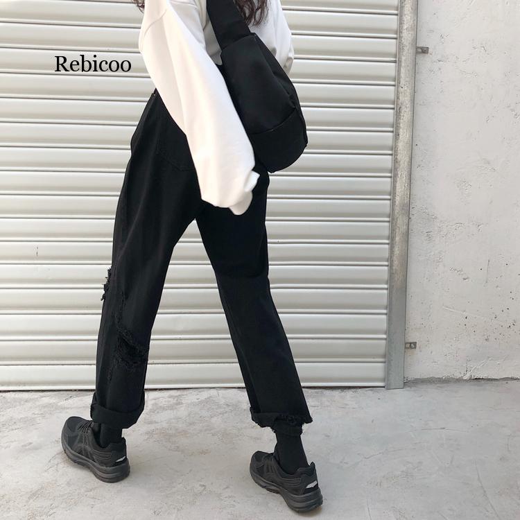 Vintage losse jeans, zwarte rechte wijde pijpen, hoge taille, gescheurde jeans voor vrouwen, knielange gescheurde broeken, mom jeans, vriendjes