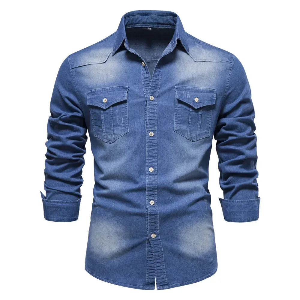 AIOPESON camisa vaquera de algodón elástico para hombre manga larga camisas vaqueras de para hombres corte ajustado informal ropa de para hombre: S / Azul