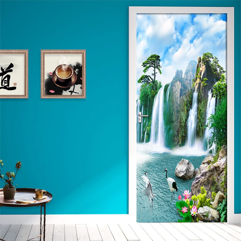 Waterfall Chinese Door Sticker 3D Nature Scene Living Room Bedroom Door Wallpaper Wall Stickers Self-Adhesive Waterproof Decor