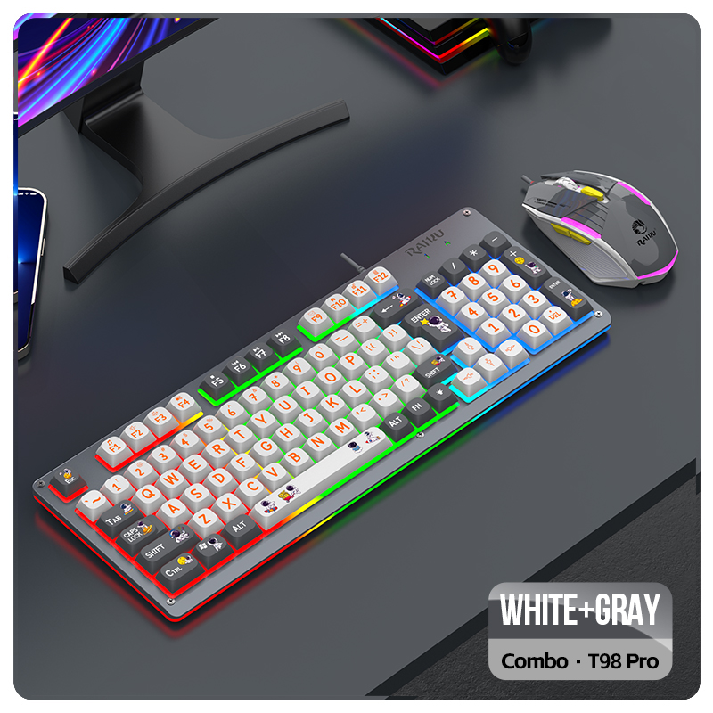 Gaming-Tastatur-Maus-Set im Mecha-Stil, kabelgebunden, Regenbogen-Glühen, Hintergrundbeleuchtung, 98 Tasten, Metallplatte, Laptop-Desktop: Grau