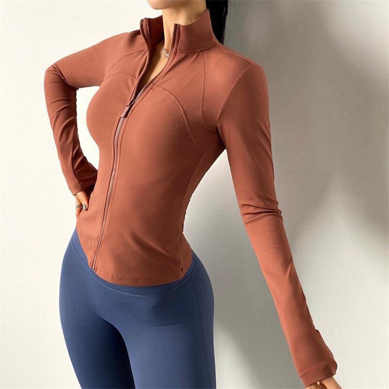 Giacca da corsa per Fitness donna manica lunga TOP collo alto tuta da Fitness manica lunga da donna cerniera sottile cappotto sportivo