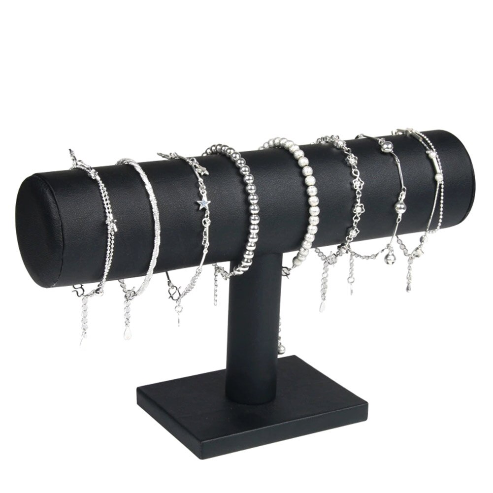 Portable Velvet/PU Leather Bracelet Bangle Necklace Display Stand Holder Watch Jewelry Organizer T-Bar Rack KQS8: Black PU Leather