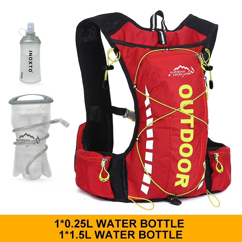 Cycling backpack for men and women, nylon bag, waterproof 8 liters, hiking and camping, 250ml water bottle with 1.5L water bag: Red 1.5L250