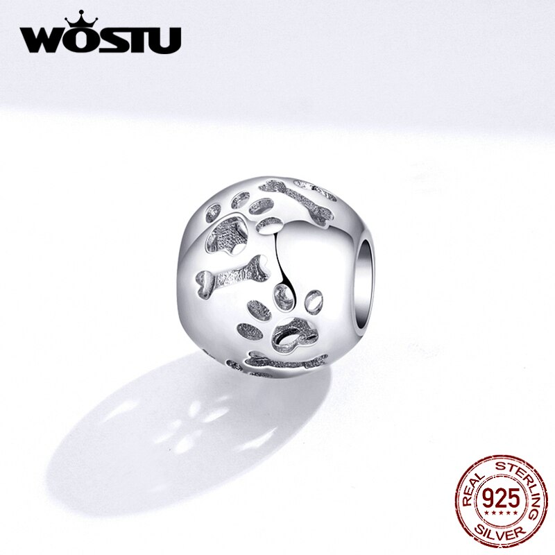 Wastu cuentas de plata de ley 925 para mascotas, cuentas de huellas de gato, dije redondo calado apto para Pulsera Original, colgante, joyería de CTC140