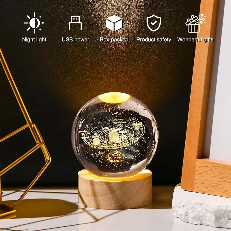 Leuchtende Kristallkugel LED Nachtlicht Saturn Sonnensystem 3D Mond Tischlampe USB Schlafzimmer Atmosphäre Lampe für Geburtstag Kind *