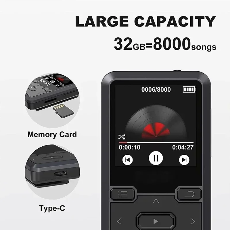 Mini tylny klips sportowy 32 GB bezstratny dźwięk odtwarzacz MP3 z BT 5.0, krokomierz radio FM, nowy projekt Mini odtwarzacz muzyczny 1,44 cala