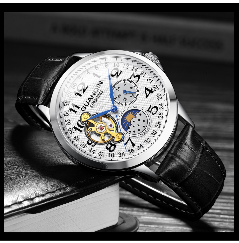 Guanqin Heren Horloges Top Brand Luxe Skeleton Lederen Sport Tourbillon Automatische Mechanische Horloges