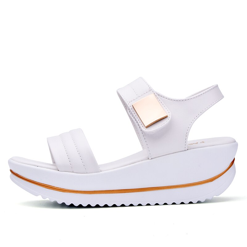 Grote Brand VERKOOP Zomer Vrouwen Sandalen platform hak Lederen metalen Zachte comfortabele Wig schoenen dames casual sandalen wit