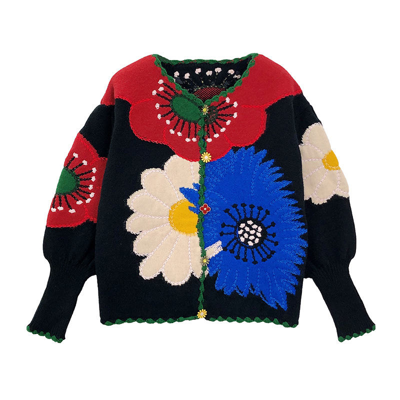 Khalee yose boho blomstret strikket sweater cardigan tyk blomst sort farverig efterår vinter kvinder sweatere kvinder dame cardigans: M