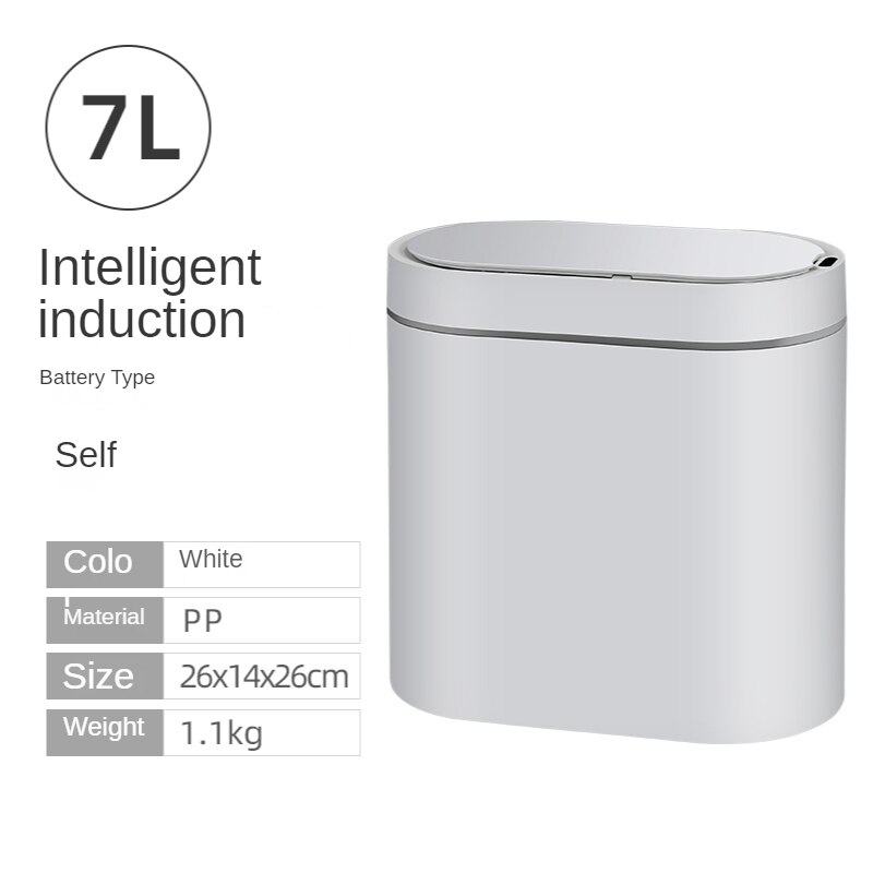 Trash Can Smart Sensor Electronic Automatic 7L/8L Garbage Bin Household Bathroom Toilet Waterproof Narrow Seam Kitchen Trash Bin: Battery White 7L
