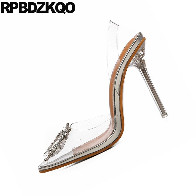Transparente Mujer Diamante de imitación escarpin claro diamante barato plata stiletto Delgado cristal punta puntiaguda señoras zapatos de tacón alto bombas