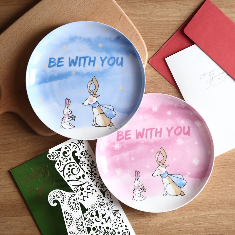 8 inch ceramic plate Christmas deer printed on glazed bone china cartoon round desserts round plates blue pink cutlery