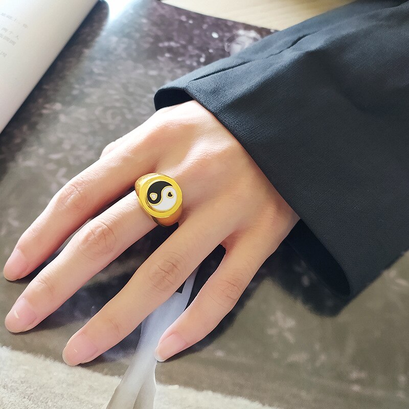 Emaille Yin Yang Tai Chi Ringe für Frauen Gold Silber Farbe Herz Geometrische Metall klobig Ringe modisch Schmuck