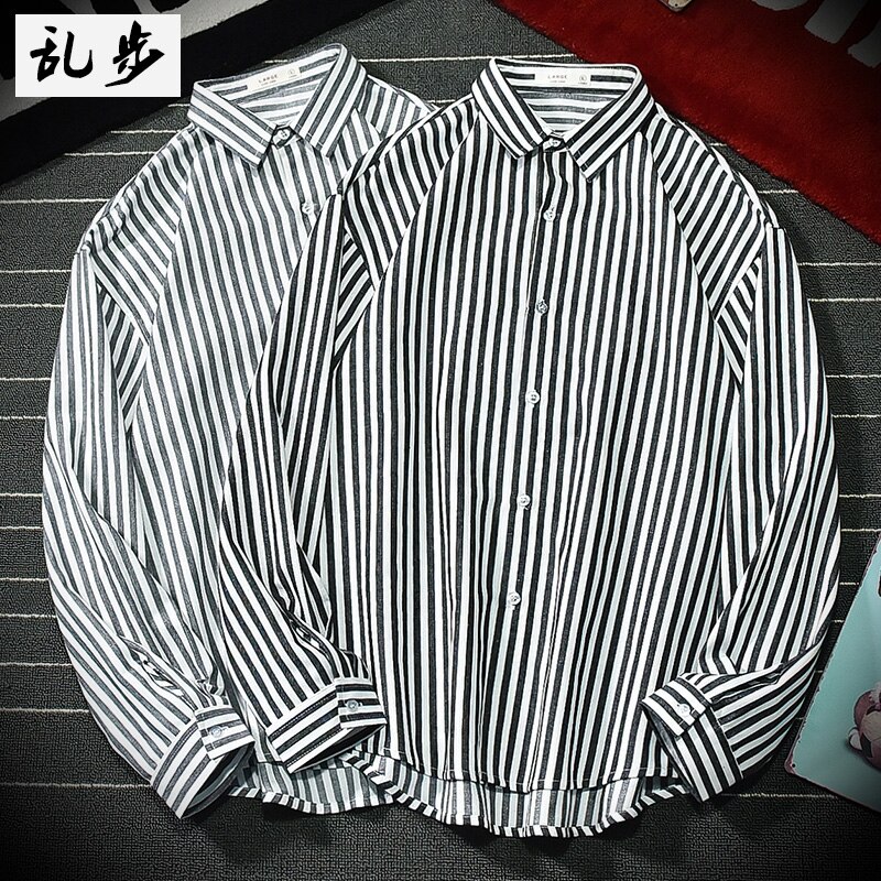 Zwart wit gestreepte overhemden verticaal patroon heren lange mouwen losse herenoverhemden herfst dun casual chemise herenkleding  eb50cs