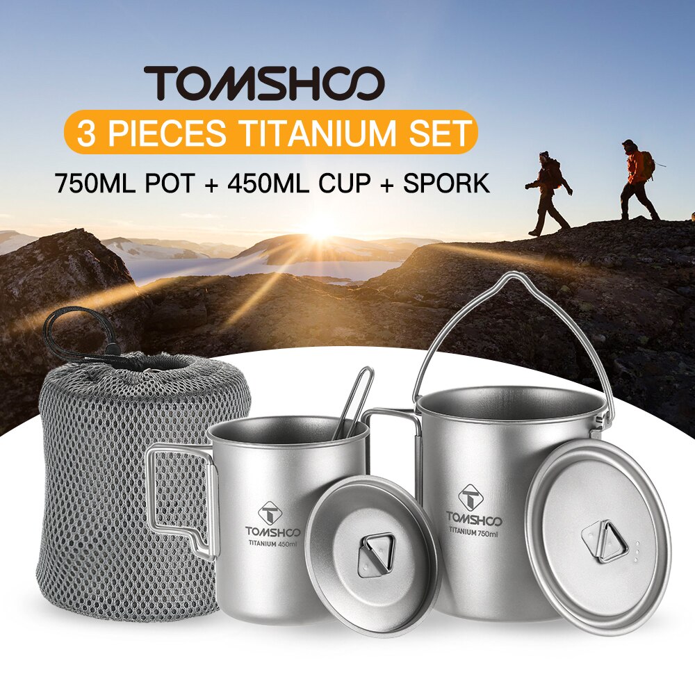 Tomshoo 3 Stuks Cup Set Titanium 750Ml Pot 450Ml Water Cup Mok Met Deksel Opvouwbare Handvat Vouwen Spork kamp Lichtgewicht Picknick