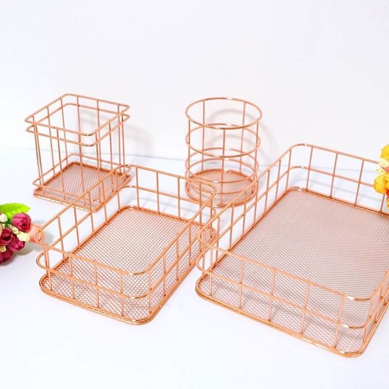 Nordic Gold Metal Iron Makeup Pen Storage Basket Office Desktop Sundries Makeup Brushes Holder Table Cosmetics Organizer Rack