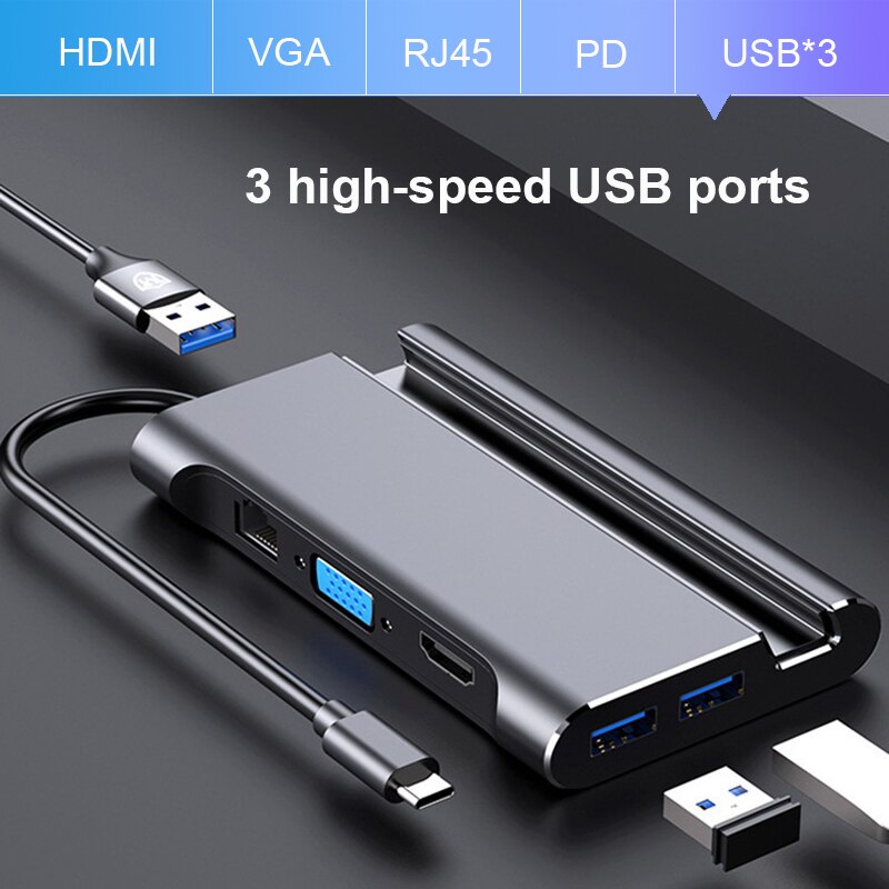 Type C Hub vers Hdmi Dock intelligent PD type-c 1000Mbps USB3.0 VGA HDMI 4K * 2K HD pour Macbook Pro Samsung S910 Huawei Mate20 Pro